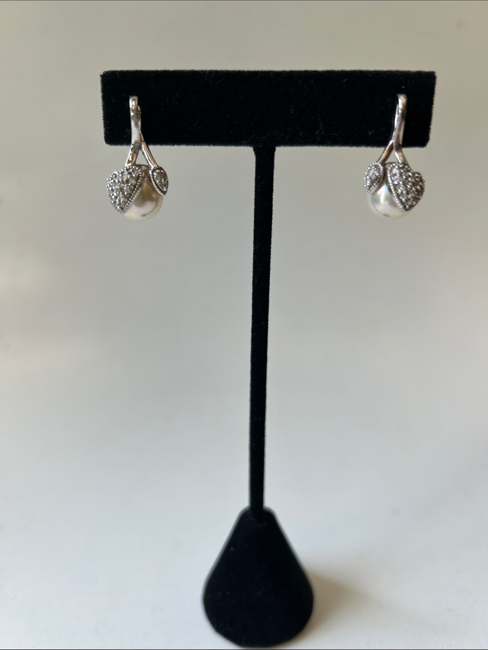 Sterling Silver Pavé-style Crystal-encrusted Heart & Leaf Faux Pearl earrings